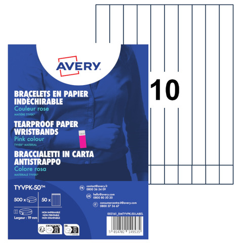 Braccialetti identificativi in Tyvek® Avery resistenti all'acqua - conf. 500 pz - rosa fluo - TYVPK-50